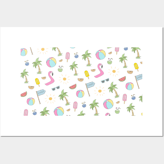 Pattern: Summer Fun (palm trees, flamingo pool float, and fruity tropical drinks) Wall Art by Ofeefee